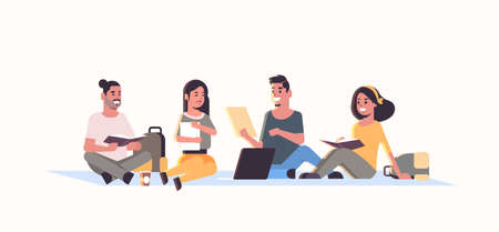 young teenage students group sitting together college friends relaxing and talking education concept flat female male cartoon characters horizontal full length vector illustrationのイラスト素材
