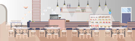 modern fast food restaurant with counter tables and chairs empty no people express cafe interior flat horizontal vector illustrationのイラスト素材