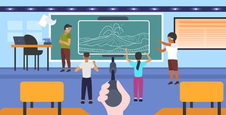 students wearing 3d glasses looking at virtual reality volcano eruption through headset vr digital technology concept smartphone screen on selfie stick classroom interior horizontal full length vector illustrationのイラスト素材