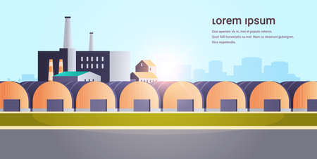 factory building warehouses hangars industrial zone plant with pipes and chimney power station production technology concept cityscape background horizontal copy space flat vector illustrationのイラスト素材