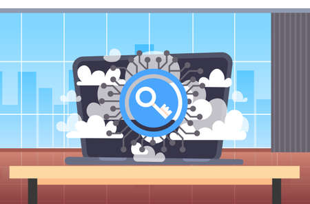 laptop on workplace desk data protection privacy online virtual cloud internet information network security concept digital circuit board key access flat horizontal vector illustrationのイラスト素材