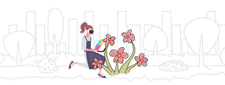 woman wearing 3d glasses holding controller painter with color palette drawing flower experiencing virtual reality through headset augmented technology concept sketch doodle horizontal full length vector illustrationのイラスト素材