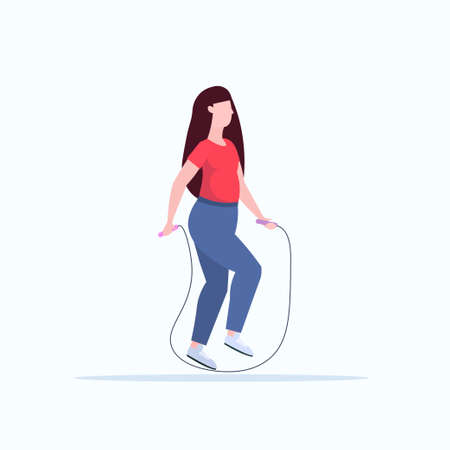 fat obese woman doing exercises with jumping rope overweight girl training workout weight loss concept flat full length white background vector illustrationのイラスト素材