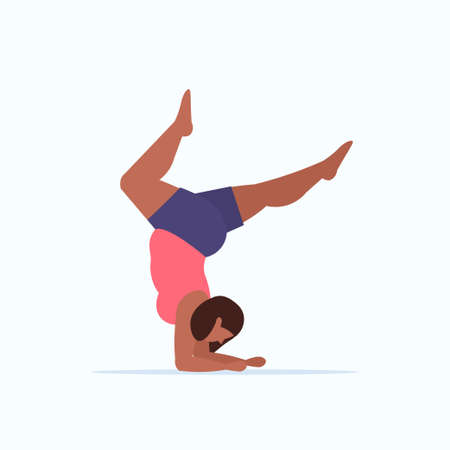 fat obese woman doing stretching exercises upside down pose african american girl training workout weight loss concept flat full length white background vector illustrationのイラスト素材