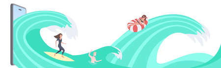 people swimming and surfing on waves men and women relaxing having fun summer vacation concept...