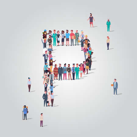 big people crowd gathering in shape letter P different occupation employees group standing together English alphabet concept full length vector illustrationのイラスト素材