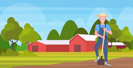 gardener holding shovel smiling countryman working on field agricultural planting harvesting gardening eco farming concept farmland countryside landscape full length horizontal vector illustrationのイラスト素材