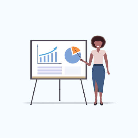 businesswoman presenting financial graph on flip chart african american business woman making presentation concept flat full length vector illustrationのイラスト素材