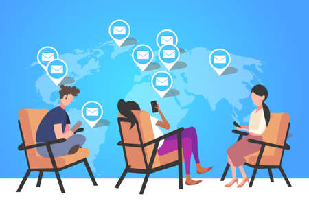 people using cellphone for checking email letters online e-mail global communication concept envelopes geo tags world map background flat full length horizontal vector illustrationのイラスト素材
