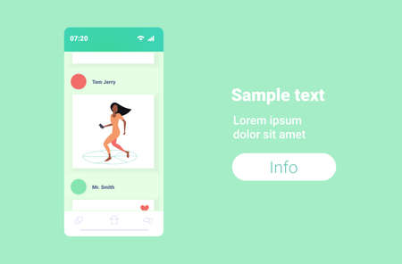 woman using cellphone girl standing on lotus leaf water lily pond smartphone screen online mobile application full length horizontal copy space vector illustrationのイラスト素材