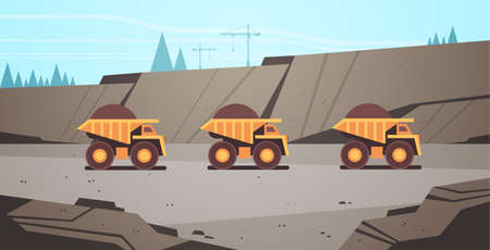heavy yellow dumper trucks professional equipment working on coal mine production mining transport concept opencast stone quarry background flat horizontal vector illustrationのイラスト素材