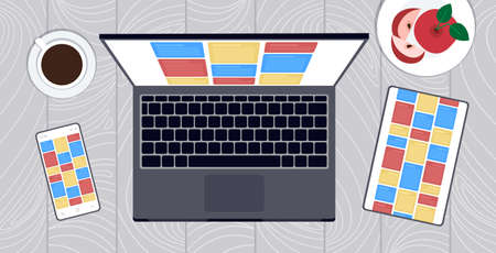 notes computer application mobile interface on screen of laptop smartphone tablet on desktop organizer reminder cross platform concept top angle view flat vector illustrationのイラスト素材