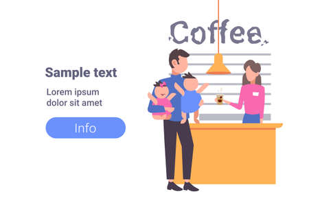 father with little son and daughter at cafe counter taking coffee family having fun spending time together flat full length horizontal copy space vector illustrationのイラスト素材