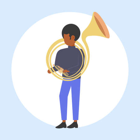 man tuba player african american musician playing the baritone jazz mood beautiful voice concept flat full length vector illustrationのイラスト素材