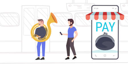 public transport passenger using smartphone mobile app for paying to man tuba player musician playing the baritone in train flat full length horizontal vector illustrationのイラスト素材