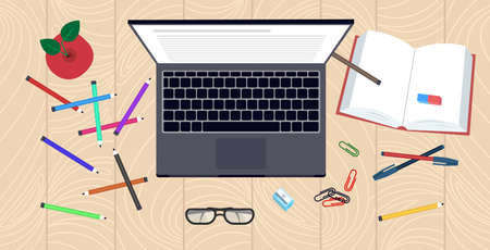 workplace desk top angle view laptop book and office supplies knowledge education learning concept flat horizontal vector illustrationのイラスト素材