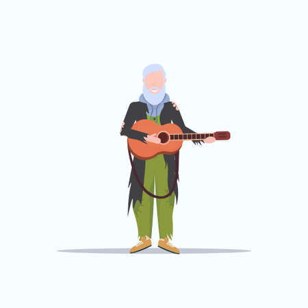 bearded man beggar playing guitar tramp begging for help homeless jobless concept flat full length white background vector illustrationのイラスト素材
