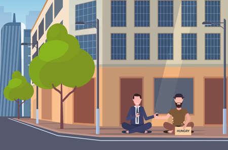 business man drinking coffee talking with beggar sitting on city street hungry sign board begging for help homeless jobless concept building exterior cityscape background full length horizontal vector illustrationのイラスト素材