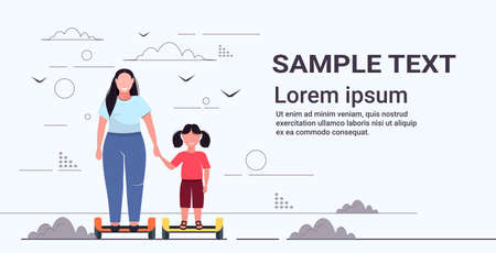 fat obese woman with child riding self balancing scooter mother and daughter on electric gyroscooter having fun personal electrical transport concept flat full length horizontal copy space vector illustrationのイラスト素材