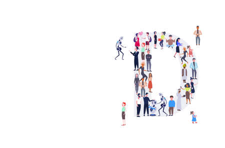 businesspeople crowd gathering in letter D shape English alphabet concept mix race men women casual people group standing together full length horizontal vector illustrationのイラスト素材