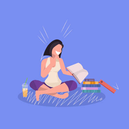 female student sitting lotus pose girl studying reading book woman preparing for exam education learning concept flat full length vector illustrationのイラスト素材