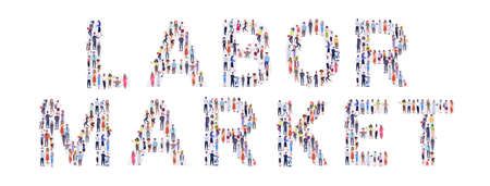businesspeople crowd gathering in shape of labor market word mix race men women casual people group...