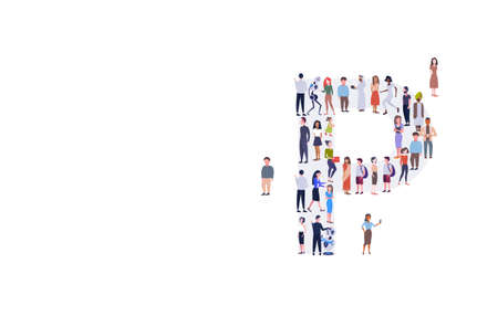 businesspeople crowd gathering in letter P shape English alphabet concept mix race men women casual people group standing together full length horizontal vector illustrationのイラスト素材