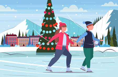 fat obese couple skating on ice rink overweight man woman holding hands winter fun sport activities weight loss concept christmas tree landscape background full length flat horizontal vector illustrationのイラスト素材
