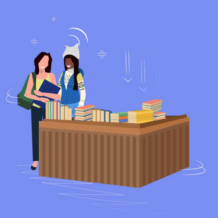 mix race women standing at counter desk girls discussing during meeting choosing books for reading...