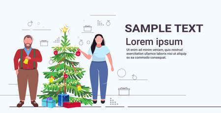 fat obese couple decorating christmas tree overweight man woman spending time together winter holidays concept flat full length copy space horizontal vector illustrationのイラスト素材