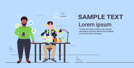 overworked mix race colleagues working together using mobile app covered with sticky notes business planning teamwork concept flat horizontal full length copy space vector illustrationのイラスト素材