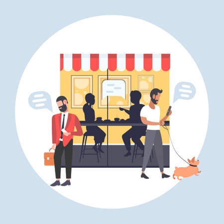 people walking outdoor using mobile app chat bubble social media communication concept couple sitting at table speech conversation modern street cafe full length vector illustrationのイラスト素材