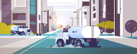 street sweeper trucks washing asphalt with water industrial vehicle cleaning machines urban road service concept modern city buildings cityscape background flat horizontal vector illustrationのイラスト素材