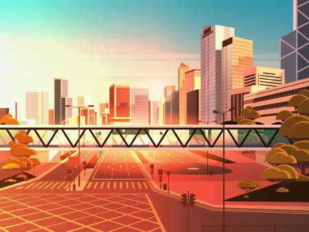 footbridge over highway asphalt road with marking arrows traffic signs city skyline modern skyscrapers cityscape sunset background flat horizontal vector illustrationのイラスト素材