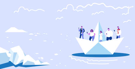 people floating on paper boat men women using gadgets traveling together digital addiction web surfing concept horizontal sketch vector illustrationのイラスト素材