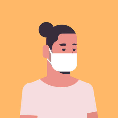 man wearing face mask environmental industrial smog dust toxic air pollution and virus protection concept male cartoon character portrait flat vector illustrationのイラスト素材