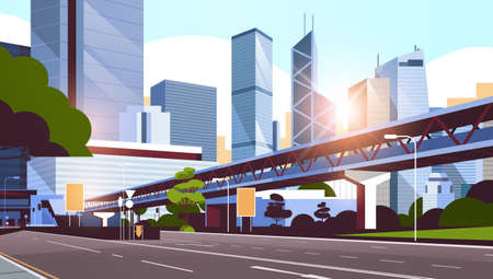 highway road to city skyline with modern skyscrapers and subway cityscape sunrise background flat horizontal vector illustrationのイラスト素材