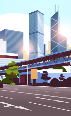highway road to city skyline with modern skyscrapers and subway cityscape sunset background flat vertical vector illustrationのイラスト素材