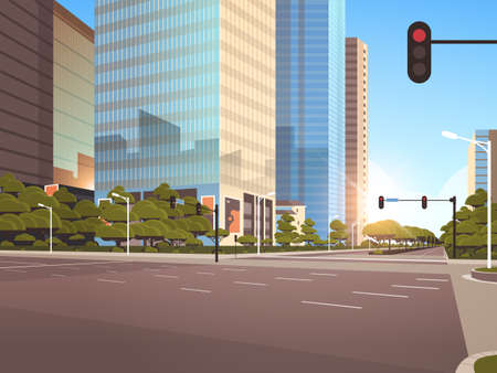 beautifil city street asphalt road with traffic light high skyscraper modern cityscape sunshine background flat horizontal vector illustrationのイラスト素材