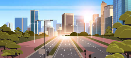 highway asphalt road with marking arrows traffic signs city skyline modern skyscrapers cityscape sunshine background flat horizontal vector illustrationのイラスト素材