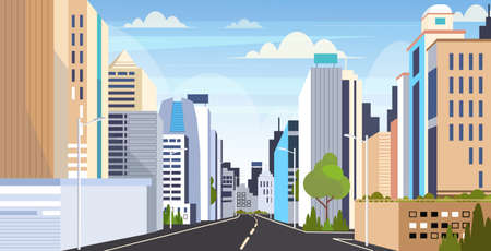 highway asphalt road city skyline modern buildings high skyscrapers cityscape background flat horizontal vector illustrationのイラスト素材