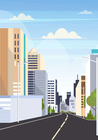 highway asphalt road city skyline modern buildings high skyscrapers cityscape background flat vertical vector illustrationのイラスト素材