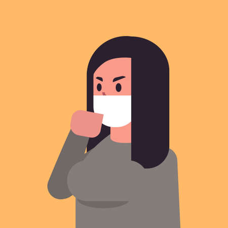 woman wearing face mask environmental industrial smog dust toxic air pollution and virus protection concept female cartoon character portrait flat vector illustrationのイラスト素材