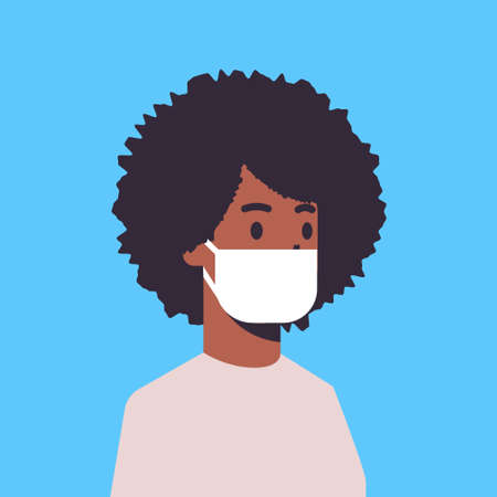 man wearing face mask environmental industrial smog dust toxic air pollution and virus protection concept african american male cartoon character portrait flat vector illustrationのイラスト素材