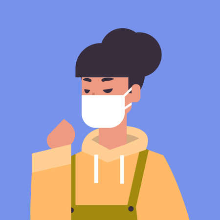 woman wearing face mask environmental industrial smog dust toxic air pollution and virus protection concept female cartoon character portrait flat vector illustrationのイラスト素材