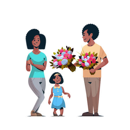 man giving bouquet of flowers to wife and daughter international womens day 8 march concept happy african american family celebrating holiday white background vector illustrationのイラスト素材