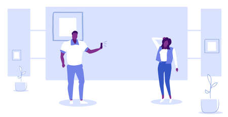 man using smartphone camera taking photo of african american woman model shoot concept sketch horizontal full length vector illustrationのイラスト素材