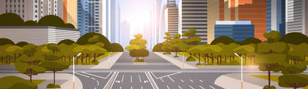 highway asphalt road with marking arrows traffic signs city skyline modern skyscrapers cityscape sunrise background flat horizontal vector illustrationのイラスト素材