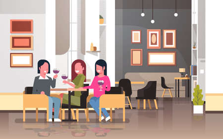 women drinking wine international happy 8 march day holiday concept girls sitting at cafe table modern restaurant interior ladies holding glasses horizontal flat vector illustrationのイラスト素材