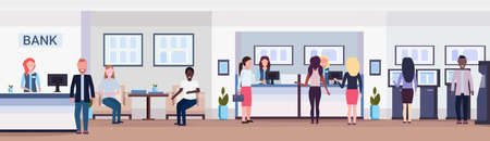 banking visitors and workers financial consulting center with waiting room reception and atm modern bank office interior horizontal banner flat vector illustrationのイラスト素材
